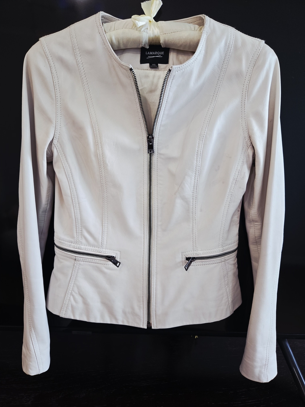 LAMARQUE Women's Light Cream Leather Zip Front Jacket XS